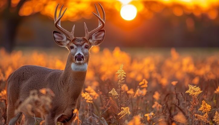 White-tailed deer standing in warm golden-hour light in Texas grassland