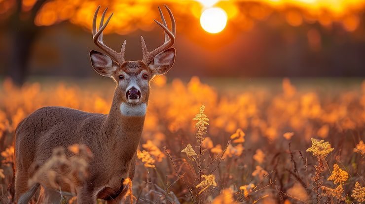 White-tailed deer standing in warm golden-hour light in Texas grassland