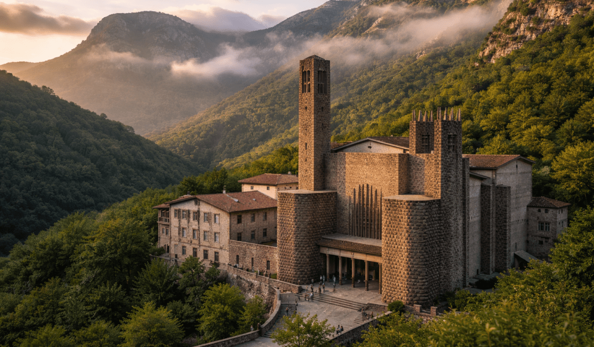 Aranzazu photography showcasing the Sanctuary of Arantzazu surrounded by mountains in Basque Country Spain