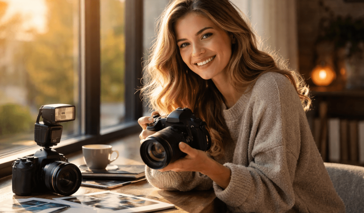 Natural light portrait photography of a female subject near a window, soft sunlight and shadows, professional portrait setup