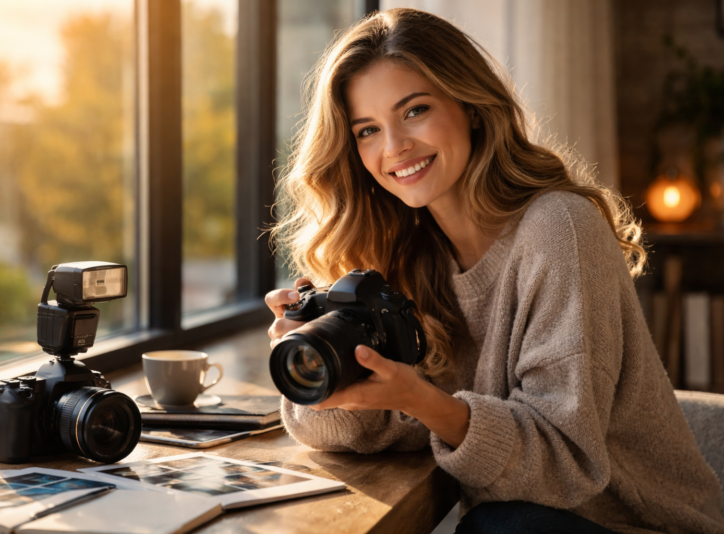 Natural light portrait photography of a female subject near a window, soft sunlight and shadows, professional portrait setup