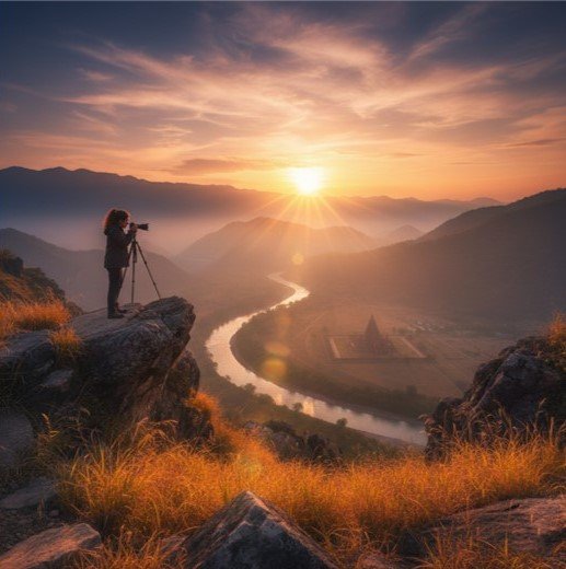 Female photographer capturing a sunset landscape during golden hour on a mountain cliff.